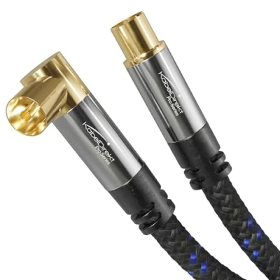 Abbildung von KabelDirekt 4K Antennenkabel Nylon, TV Kabel 90 gewinkelt/gerade 7,5m Fernsehkabel mit Metallstecker für digitales/analoges Fernsehen (Winkel Buchse auf geraden Stecker DVB C/DVB T/DVB S)
