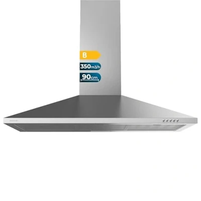 Abbildung von Cecotec Bolero Flux PM 903500 Edelstahl B Dunstabzugshaube, 90 cm, Edelstahl, 65 W, Saugleistung 350 m3/h, mechanische Steuerung, 3 Leistungsstufen, Licht und Kohlefilter
