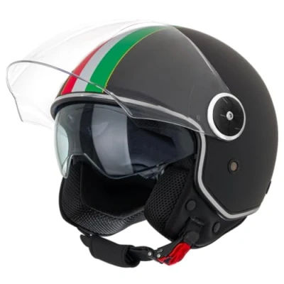 Abbildung von VINZ Neiva Jethelm mit Doppelvisier Roller Helm Fashionhelm Italienische Flagge In Gr. XS XXL Jet Sonnenblende ECE 22.06 Zertifiziert Motorradhelm Visier Matt Schwarz