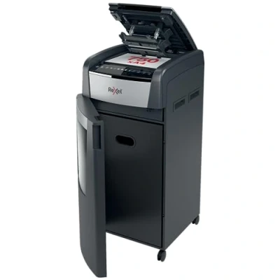 Abbildung von Rexel Optimum AutoFeed+ 750M Automatischer Aktenvernichter, 750 Blatt automatisch, Sicherheitsstufe P5, Mikroschnitt, für große Büros, 140 Liter Abfallbehälter, mit Lenkrollen, 2020750MEU