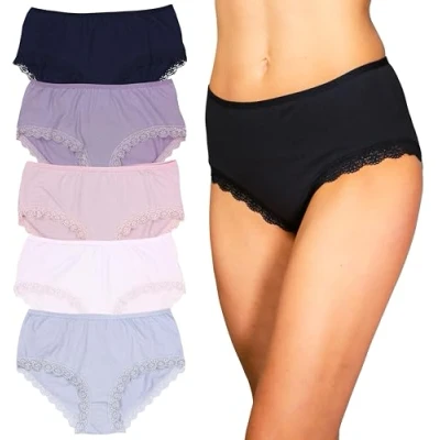 Abbildung von Alkato Damen Baumwolle Slips Unterwäsche Unterhosen Hohe Taille Spitze 5er Pack, Farbe: 2571WA LO Spitze/Farbenmix, Größe: L