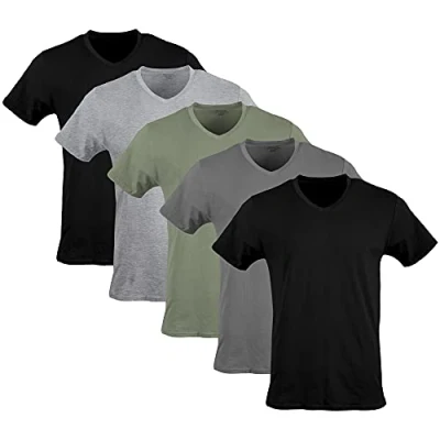 Abbildung von Gildan Herren T Shirt mit V Ausschnitt, Multipack, Stil G1103 Unterwäsche, Schwarz/Sportgrau/Anthrazit/Militärgrün (5er Pack), M