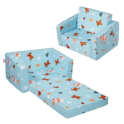 Abbildung von VEVOR Kindersofa 2 in 1 umwandelbares zum Liegestuhl, ausklappbarer Sessel, Kleinkind Armlehnenstuhl Bett, zusammenklappbares Kinderspielsofa, mit weihnachtlichem Muster