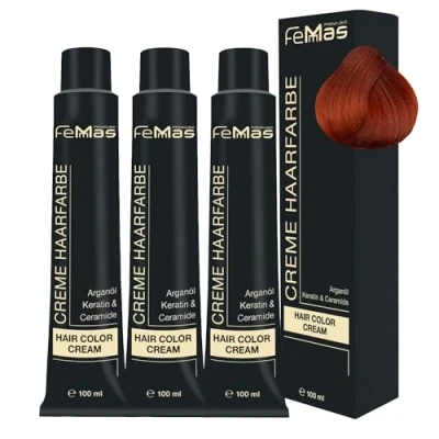 Abbildung von FemMas Haarfarbe 3x Hellblond Kupfer Intensiv 8.44 I Professionelle Creme mit Arganöl, Keratin &amp; Ceramiden dauerthafte Haarfärbung oder Tönung für strahlende Farbergebnisse 100 ml
