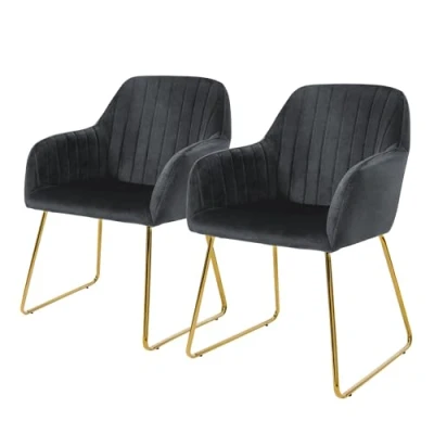 Abbildung von ML Design Esszimmerstühle 2er Set, Sitzfläche aus Samt, Grau, Wohnzimmerstuhl mit Rücken und Armlehnen, Küchenstuhl Gold Beine, Polsterstuhl Metallgestell, Ergonomische Sessel für Esstisch