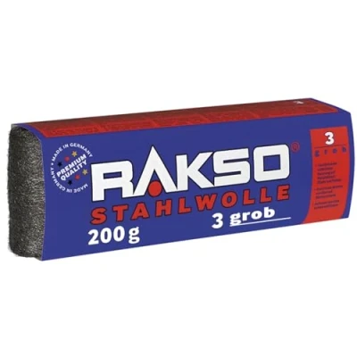 Abbildung von RAKSO Stahlwolle grob 3 200g, 1 Banderole, verstärkt natürliche Maserung v. Holz, säubert Glas, aufrauen von altem Lack, Farbe