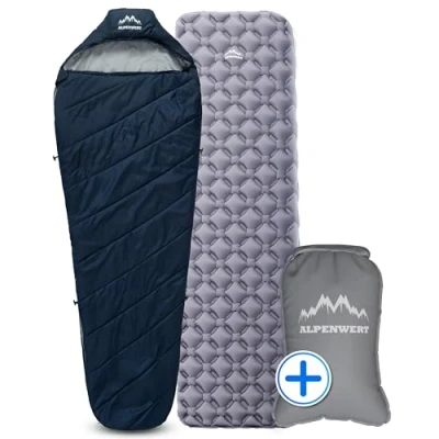 Abbildung von ALPENWERT® Outdoor Schlaf Set Schlafsack + Isomatte Ultraleicht Pumpsack 7,5L Aufblasbare Luftmatratze Kompressionssack für Camping, Wandern &amp; Trekking Kompakt Robust