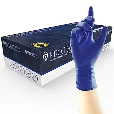 Abbildung von Unigloves PRO.TECT Latex HD GA0013 Einmalhandschuhe, Mehrzweck , puderfreie Einweghandschuhe, 10 Boxen mit je 50 Paar, Dunkelblau, Größe M