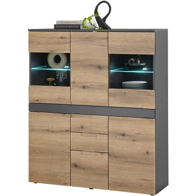 Abbildung von HBZ Highboard &quot;Taylor Mit LED Beleuchtung, BxHxT 119x140x38 cm&quot;, (1 St.), 4 Türen und 2 Türen, Schubkästen 3 Einlegeböden Glasböden