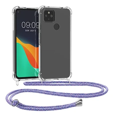 Abbildung von kwmobile Necklace Case kompatibel mit Google Pixel 4a 5G Hülle Silikon Cover Handykette Band Handyhülle Lavendel Violett Hellblau Transparent