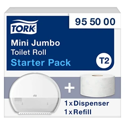 Abbildung von Tork Mini Jumbo Toilettenpapierrolle Starter Pack 955000 T2 + Toilettenpapier Nachfüllpack (170 Meter)