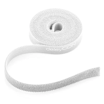 Abbildung von deleyCON 2m Klett Kabelbinder Klettband Klettbandrolle 10mm Breit Kabelmanagement Kabelorganizer Klettkabelbinder Klettverschluss zuschneidbar Weiß