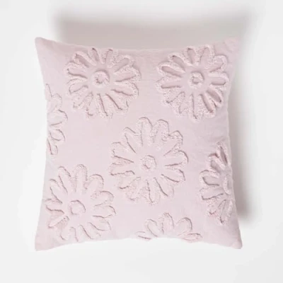 Abbildung von Homescapes Dekokissen rosa aus Baumwolle, Kissen 45x45 cm getuftet, Blumen Boho Style