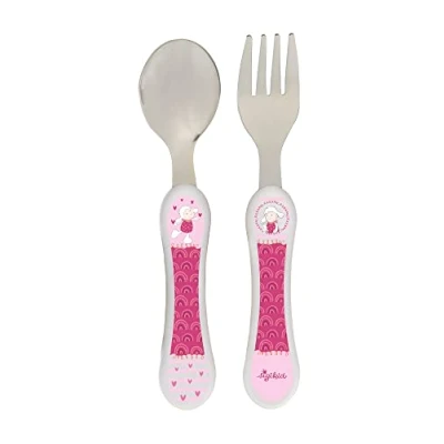 Abbildung von Sigikid Kinderbesteck Set Schäfchen Schnuggi: Gabel &amp; Löffel, rostfreier Edelstahl, ABS Griff, babygerechte, abgerundete Form, für Babys und Kinder ab Beikostalter, Art. Nr. 25277, rosa, 14x5x1 cm