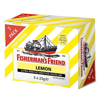 Abbildung von Fisherman&#039;s Friend Lemon, 3er Vorratsbox, Zitrone und Menthol Geschmack, zuckerfrei &amp; vegan, Bonbons für frischen Atem, 3 x 25g