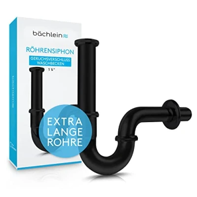 Abbildung von Bächlein Premium Universal Siphon fürs Waschbecken (Standard 200mm SCHWARZ) Geruchsverschluss inkl. Gummimanschette + Einbauanleitung Röhrensiphon