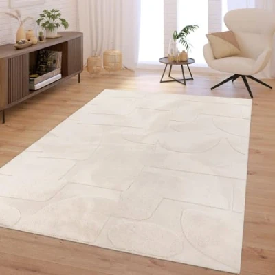 Abbildung von TT Home Wohnzimmer Teppich Schlafzimmer Hochflor Skandinavisch Uni Boho Waschbar, Farbe:Beige Creme, Größe:80x150 cm