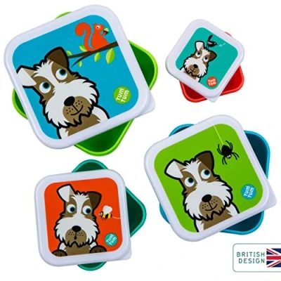 Abbildung von TUM Kinder Brotdosen Set viereckiges Brotboxen (4 St) für Schule, Kindergarten, Ausflüge extra ineinander stapelbar Frühstücksbox aus Kunststoff BPA frei Pausenbox (Scruff der Hund)