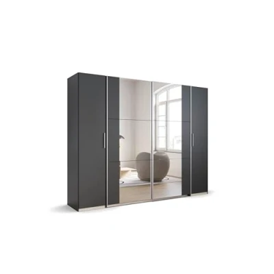 Abbildung von Rauch Möbel Kronach, Kombischrank, Schrank, Kleiderschrank, Schwebetürenschrank, Grau metallic, Schwarz, mit Spiegel, 4 türig, Inklusive 2 Kleiderstangen, 10 Einlegeböden, BxHxT 268x210x59cm