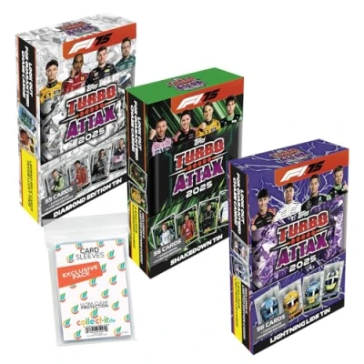 Abbildung von Bundle mit Topps Turbo Attax Formel 1 2025 Trading Cards + Exklusive Collect it Hüllen (Alle 3 Verschiedene Mega Tin Boxen)