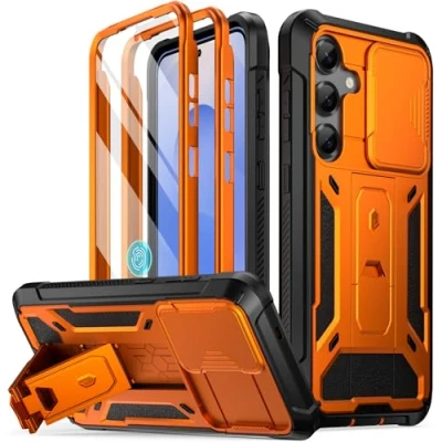 Abbildung von POETIC Spartan Hülle für Galaxy S25 6.2&quot;, [Schiebe Kamera Abdeckung] [Displayschutz funktioniert mit Fingerabdruck ID] Robuste Plus Telefonhülle in Militärqualität Ständer, Metallic Orange