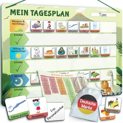 Abbildung von LIKARTO Routine Planer Kinder [DAS ORIGINAL] Montessori Magnettafel inkl. 147 Magnete &amp; Magnetischer Rückseite Tagesplaner Lernhilfe zur Selbstständigkeit Tagesplanung Grün