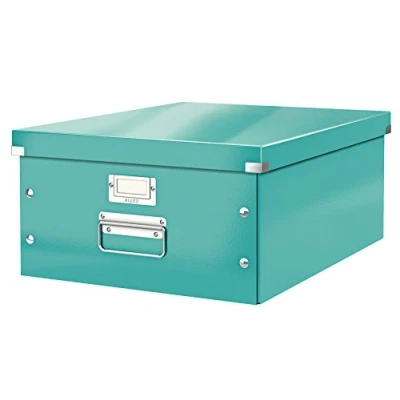 Abbildung von Leitz Click &amp; Store Aufbewahrungsbox mit Deckel Groß, Box für Unterlagen bis A3 im Büro oder Haushalt, Transportbox aus 85 % recycelter Premium Hartpappe, Stabile Metallgriffe, Eisblau, 60450051