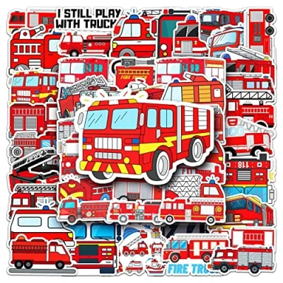 Abbildung von Feuerwehr Sticker,50 Stück Feuerwehrauto Sticker Set,Wasserfeste Vinyl Fahrzeug Belohnungssticker für Auto Laptop Computer Skateboard Wasserflaschen Koffer Fahrrad Motorrad Aufkleber