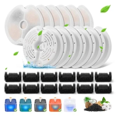 Abbildung von Filter für Katzenbrunnen, 12 Stück Ersatzfilter Trinkbrunnenfilter Katzenbrunnen 67oz mit LED Nachtlicht, &amp; Vorfilterschwämme 2L Edelstahl Brunnen