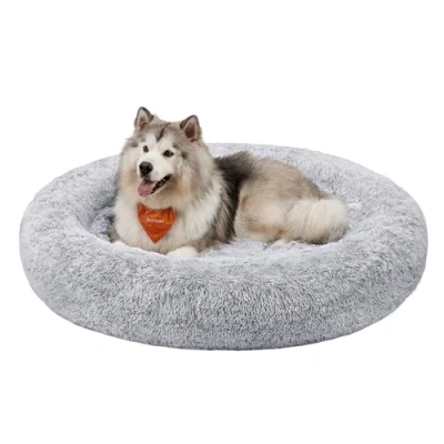 Abbildung von Feandrea Hundebett flauschig, Katzenbett, Donut Kissen, waschbar, Polsterung in der Mitte herausnehmbar, Langer Plüsch, 140 cm Durchmesser, Ombré Grau PGW044G01