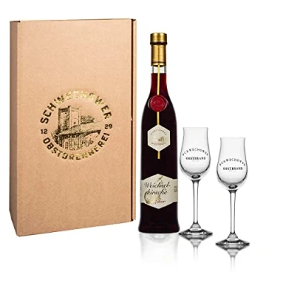 Abbildung von Schwechower Likör Weichselkirsche 0,5l + 2 Bouquetgläser Geschenkkarton (22% Vol.) Geschenkset, Präsent 500ml