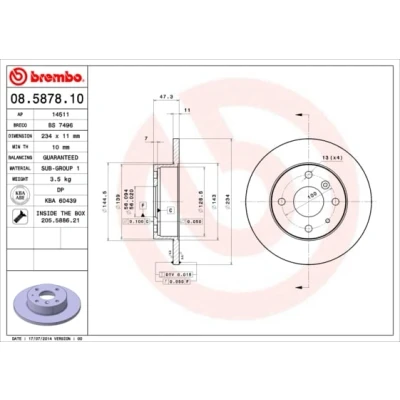 Abbildung von BREMBO 08.5878.10 Bremsscheibe 234 11 4 voll mit Schrauben DAIHATSU: CHARADE