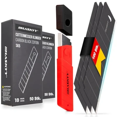 Abbildung von HASKYY Cuttermesser Abbrechklingen Ersatzklingen 100x SK5 Klingen 18mm aus Carbonstahl für Teppichmesser Cutterklingen Schwarz extrem scharf