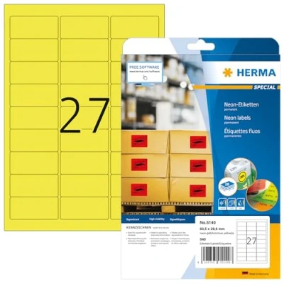 Abbildung von HERMA 5140 Farbige Etiketten Neon gelb, 20 Blatt, 63,5 x 29,6 mm, 27 pro A4 Bogen, 540 Stück, selbstklebend, bedruckbar, matt, blanko Papier Farbaufkleber