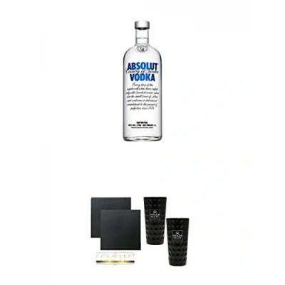 Abbildung von Absolut Blue Vodka 1,0 Liter + Schiefer Glasuntersetzer eckig ca. 9,5 cm Ø 2 Stück Three Sixty black Glas (black)