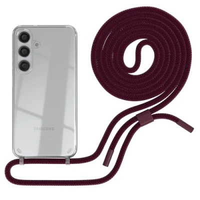 Abbildung von EAZY CASE Handykette kompatibel mit Samsung Galaxy S24 dünne Handyhülle für Hülle Band als Fallschutz Kette zum Umhängen transparente Silikon in Beere