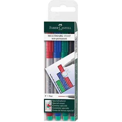 Abbildung von Faber Castell 151404 Marker Multimark, non permanent, Stärke F, 4 Stück im Etui, je 1x rot, blau, grün, schwarz