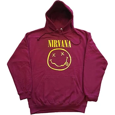 Abbildung von Nirvana Kapuzenpullover Gelb Smile Band Logo Neu Offiziell Unisex Maroon Size S
