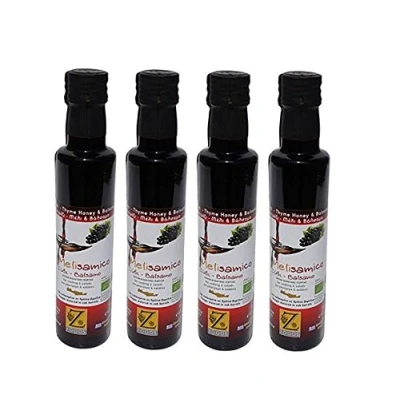 Abbildung von 4x 250ml Petimez Balsamico Essig mit Thymianhonig 4 Flaschen gesamt 1 Liter Balsamicoessig versetzt Thymian Honig Kreta Petimezi Balsamessig + 10ml Olivenölsachet