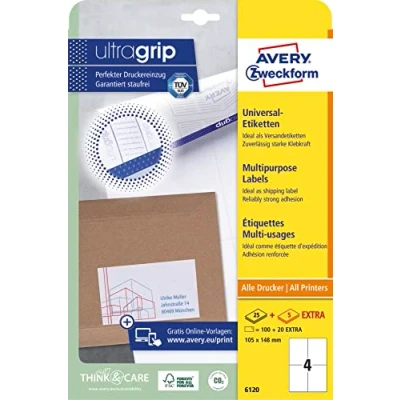 Abbildung von AVERY Zweckform 6120 Universal Etiketten (100 plus 20 Klebeetiketten extra, 105x148mm auf A4, Papier matt, bedruckbare Versandetiketten, selbstklebende Versandaufkleber mit ultragrip) 30 Blatt, weiß