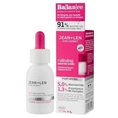 Abbildung von Jean &amp; Len Calming Booster Serum, ideal für jeden Hauttyp, spendet wohltuende Feuchtigkeit, sorgt ein ebenmäßigeres Hautbild, parfümfrei, vegan, 30 ml