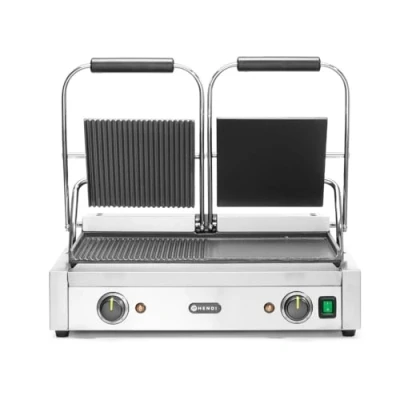 Abbildung von HENDI Kontaktgrill, Doppelversion, Elektrogrill, Tischgrill, Sandwichtoaster, Regelbar bis max. 300C, Oberseite (H)530mm, Grillfläche 475x230mm, 230V, 3600W, 570x370x(H)210mm, Edelstahl