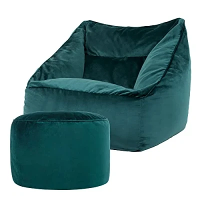 Abbildung von Icon Riesen Sitzsack Sessel „Natalia“ mit Sitzpuff, Blaugrün, Plüsch XXL Erwachsene Füllung für das Wohnzimmer, Riesensitzsack Sofa