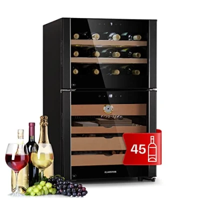 Abbildung von Klarstein Humidor und Weinkühlschrank, Kühlschrank mit Glastür, Wein &amp; Zigarrenschrank, Getränkekühlschrank für Zigarren, Wine Fridge LED Display, Temperaturkontrolle, Hygrometer, 108L