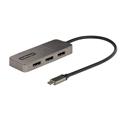 Abbildung von StarTech.com 3 Port USB C Multi Monitor Adapter, auf 3X DisplayPort 1.4 MST Hub, Dreifach 4K 60Hz DP Laptop Display Extender/Splitter, HDR, extra langes Integ. Kabel, Windows (MST14CD123DP)