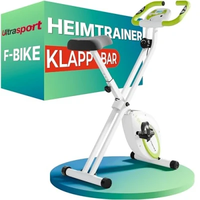 Abbildung von Ultrasport F Bike, Rider Basics, Fahrradtrainer, Fitnessfahrrad LCD Trainingscomputer, Klappbarer Hometrainer, Max. Benutzergwicht 110 kg, Pulsmessung, 8 Widerstandsstufen, Trimmrad, Grün