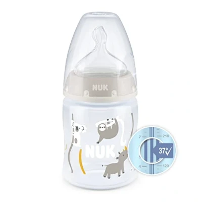 Abbildung von NUK First Choice+ Babyflasche 0 6 Monate Temperaturkontrolle Anti Colic Vent 150ml BPA frei Silikon Sauger Safari (Beige)