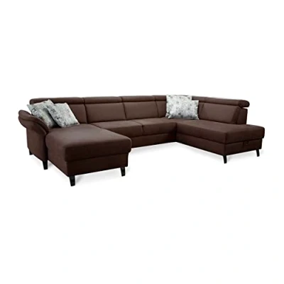 Abbildung von Cavadore Wohnlandschaft Ammerland mit Federkern, U Form Longchair links und Ottomane rechts, inkl. Kopfteilverstellung, 317 x 84 193, lederoptik cognac