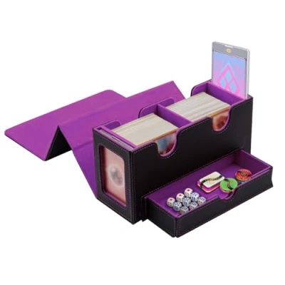 Abbildung von Tolesum Doppelschicht Card Deck Box für MTG,Gathering Kartenbox mit Schaufenster und Würfelfach PU Leder Starkes Magnetic Sammelkarten Kompatibel Magic Commander TCG Karten Schwarz Lila