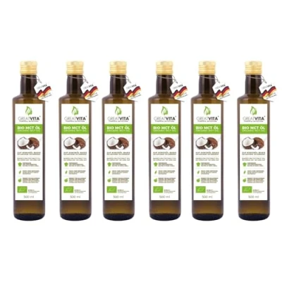 Abbildung von GreatVita Bio MCT Öl auf Kokosölbasis 6x 500 ml 60% Caprylsäure (C8) &amp; 40% Caprinsäure (C10) Fettsäuren 100% reines Oil geschmacksneutral Zuckerfrei, GVO frei